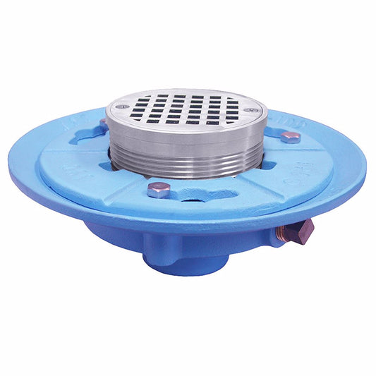 Jones Stephens D66625 2" IPS Code Blue Floor Drain with 9" Pan and 6" Chrome Plated Round Strainer - Height 3-5/8" - 5-5/8"