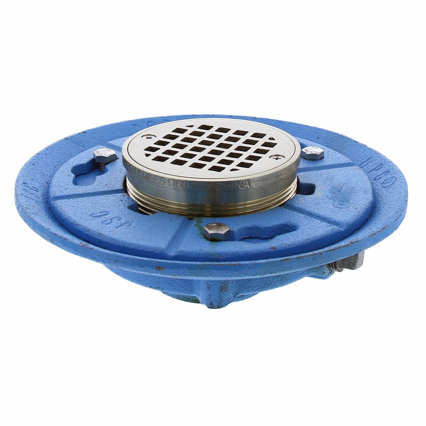 Jones Stephens D66687 2" IPS Code Blue Floor Drain with 9" Pan and 4" Nickel Bronze Round Strainer - Height 3-1/4" - 4"
