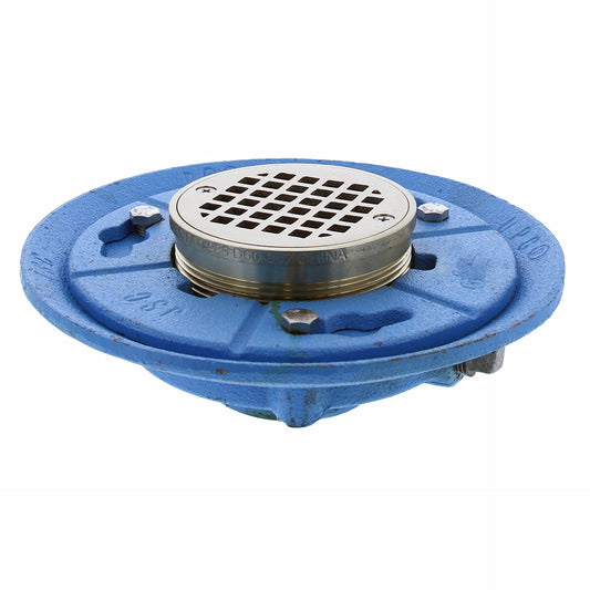 Jones Stephens D66687 2" IPS Code Blue Floor Drain with 9" Pan and 4" Nickel Bronze Round Strainer - Height 3-1/4" - 4"