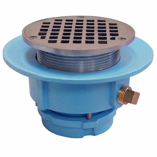 Jones Stephens D67001 2" No Caulk Mechanical Joint Code Blue Slab Drain with 7" Pan and 4" Nickel Bronze Round Strainer - Height 3-3/4" - 4-3/4"