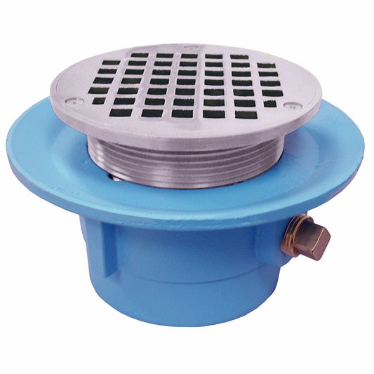 Jones Stephens D67023 2" No Hub Code Blue Slab Drain with 7" Pan and 6" Chrome Plated Round Strainer - Height 4" - 5-3/8"