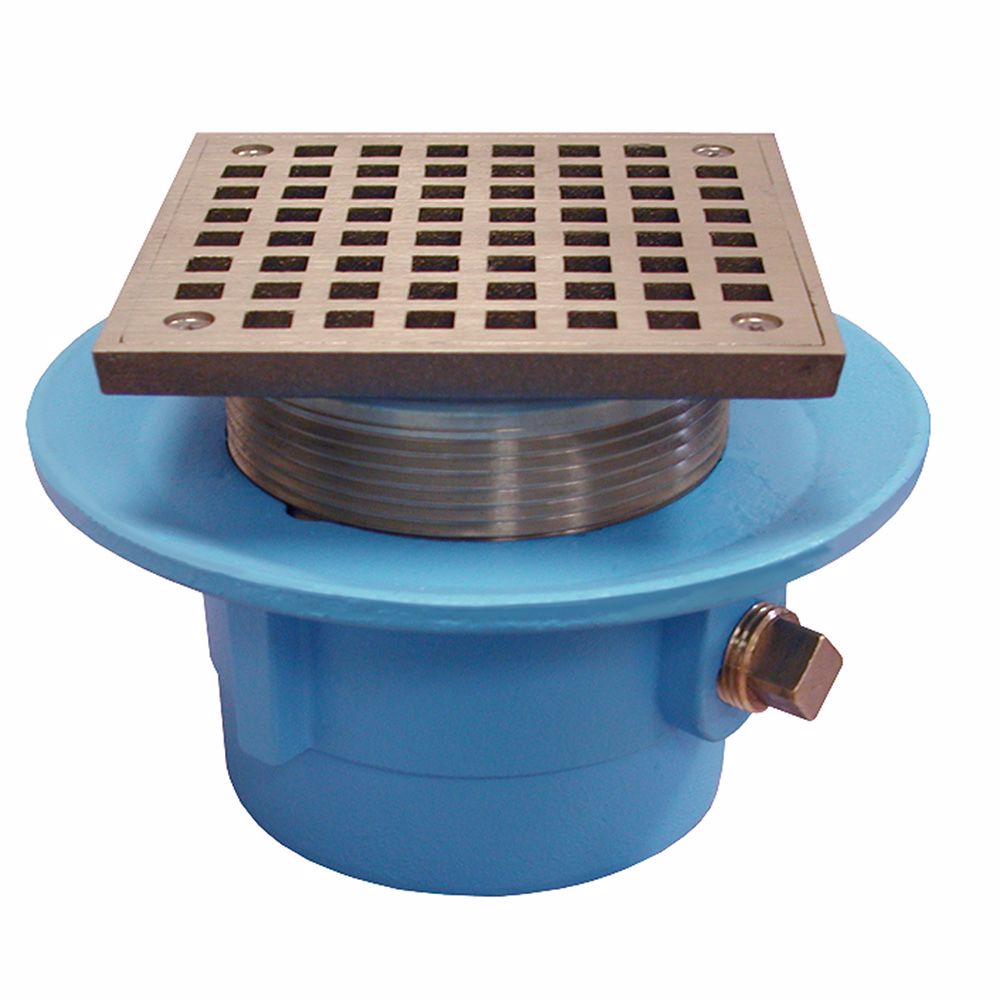 Jones Stephens D67028 2" No Hub Code Blue Slab Drain with 7" Pan and 5" Polished Brass Square Strainer - Height 3-3/4" - 5-1/8"
