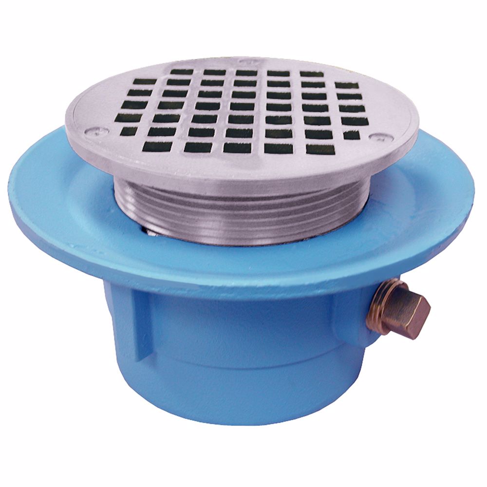 Jones Stephens D67038 3" No Hub Code Blue Slab Drain with 7" Pan and 6" Chrome Plated Round Strainer - Height 4" - 5-3/8"