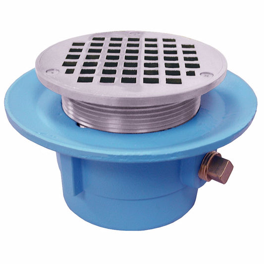 Jones Stephens D67038 3" No Hub Code Blue Slab Drain with 7" Pan and 6" Chrome Plated Round Strainer - Height 4" - 5-3/8"