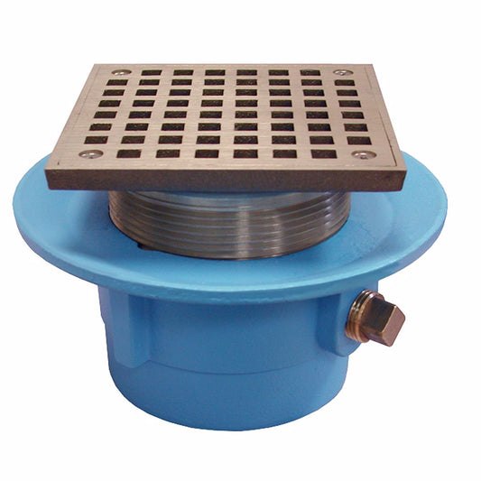 Jones Stephens D67045 3" No Hub Code Blue Slab Drain with 7" Pan and 5" Polished Brass Square Strainer - Height 3-7/8" - 5-1/16"