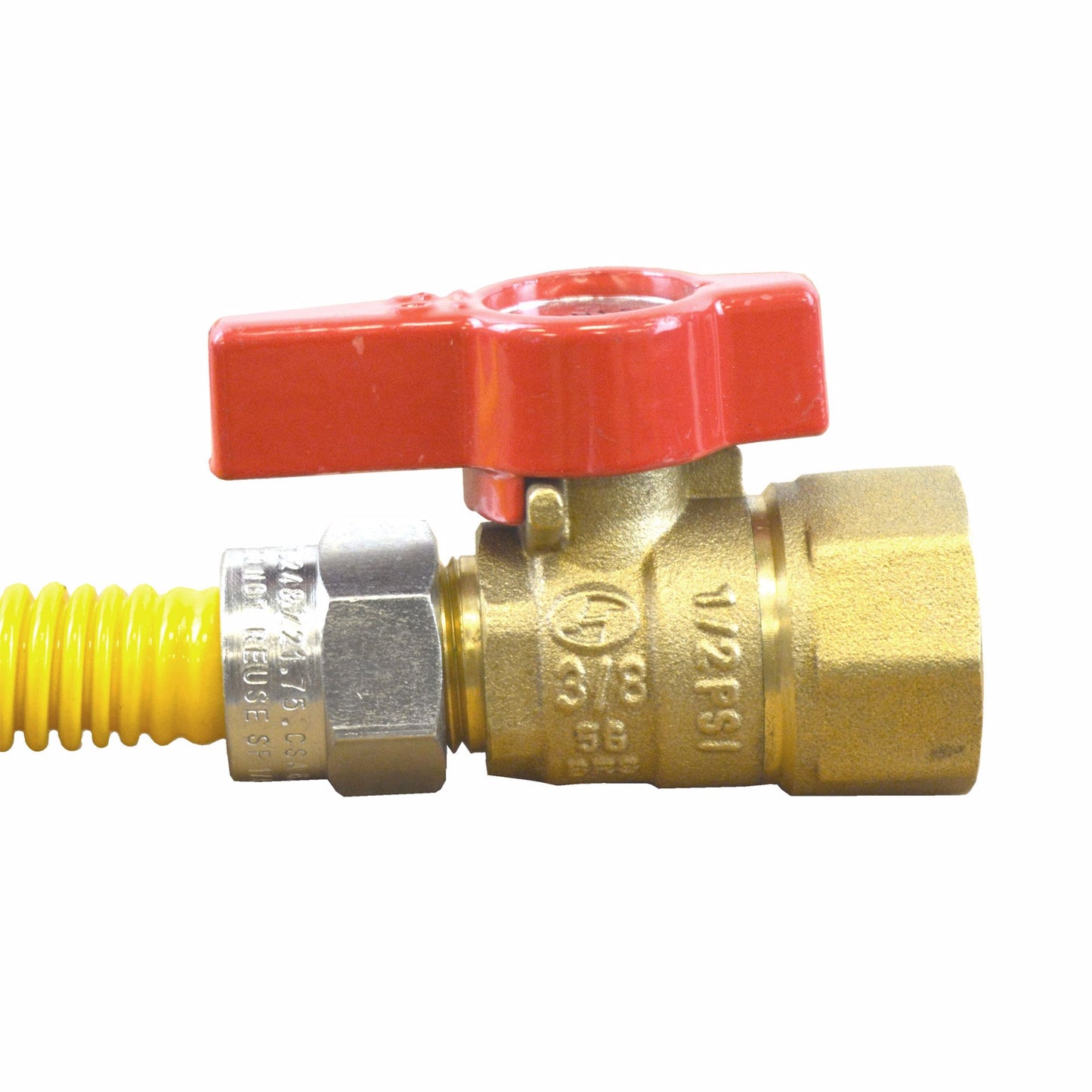 Jones Stephens G70201 3/8" OD (1/4" ID) Gas Connector Assembly, Yellow Coated, 1/2" MIP x 1/2" FIP Ball Valve x 12"