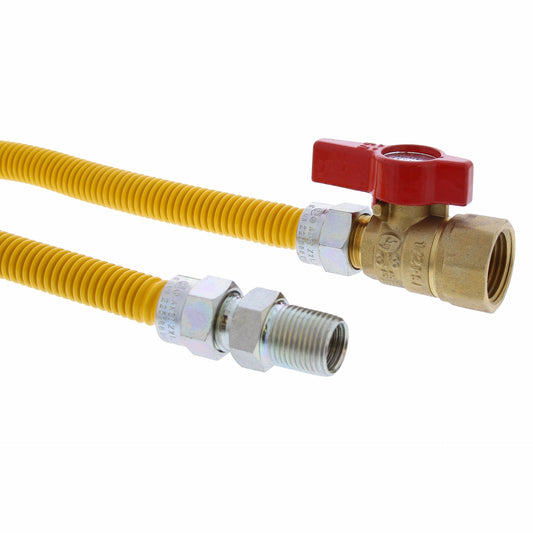 Jones Stephens G70208 3/8" OD (1/4" ID) Gas Connector Assembly, Yellow Coated, 3/8" MIP x 1/2" FIP Ball Valve x 24"