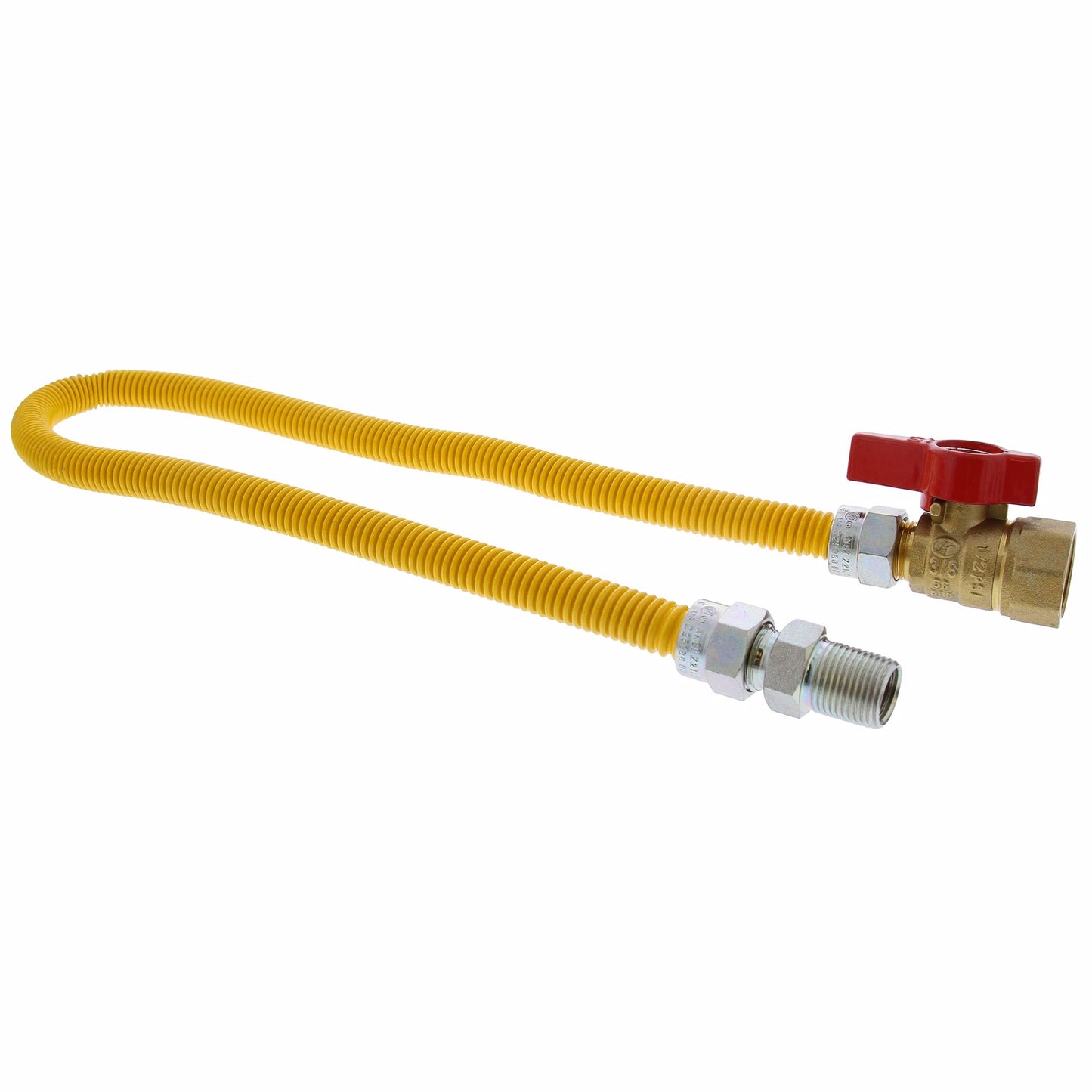 Jones Stephens G70208 3/8" OD (1/4" ID) Gas Connector Assembly, Yellow Coated, 3/8" MIP x 1/2" FIP Ball Valve x 24"