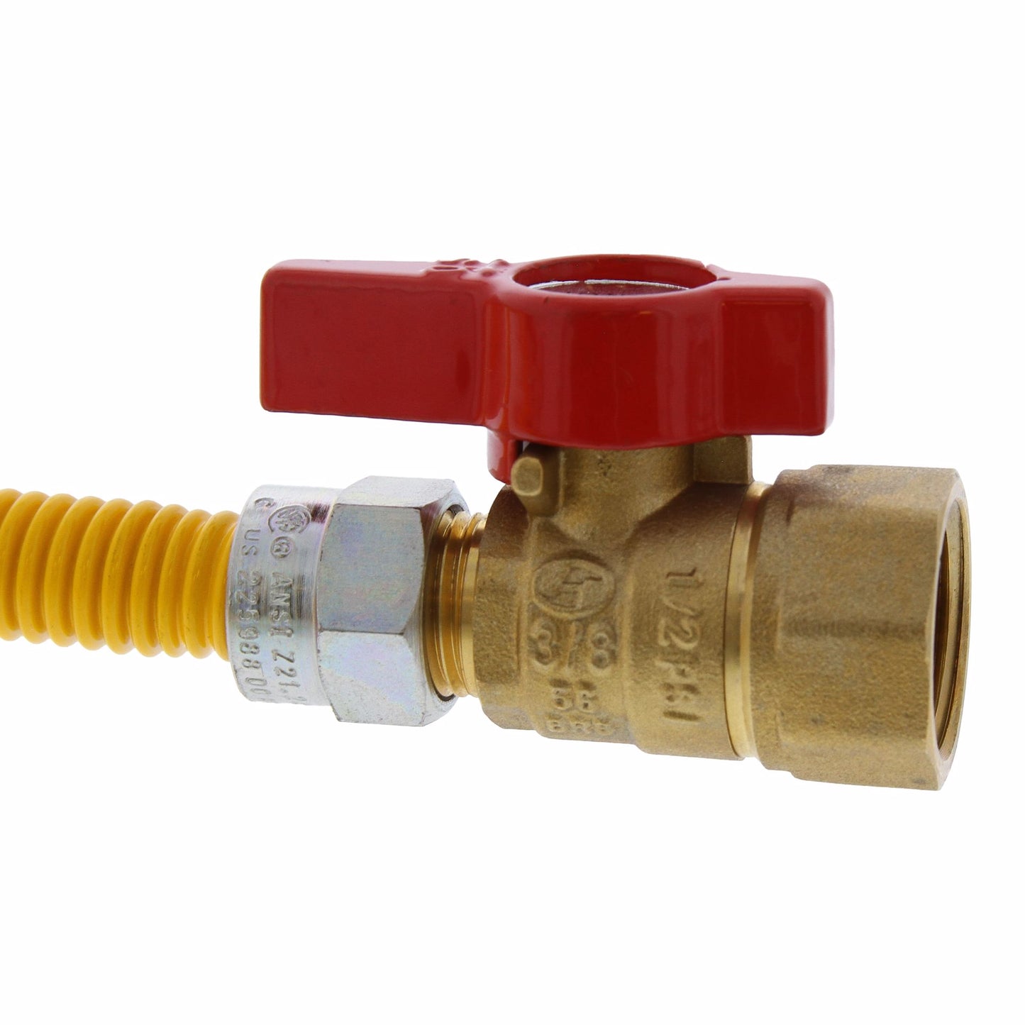 Jones Stephens G70208 3/8" OD (1/4" ID) Gas Connector Assembly, Yellow Coated, 3/8" MIP x 1/2" FIP Ball Valve x 24"