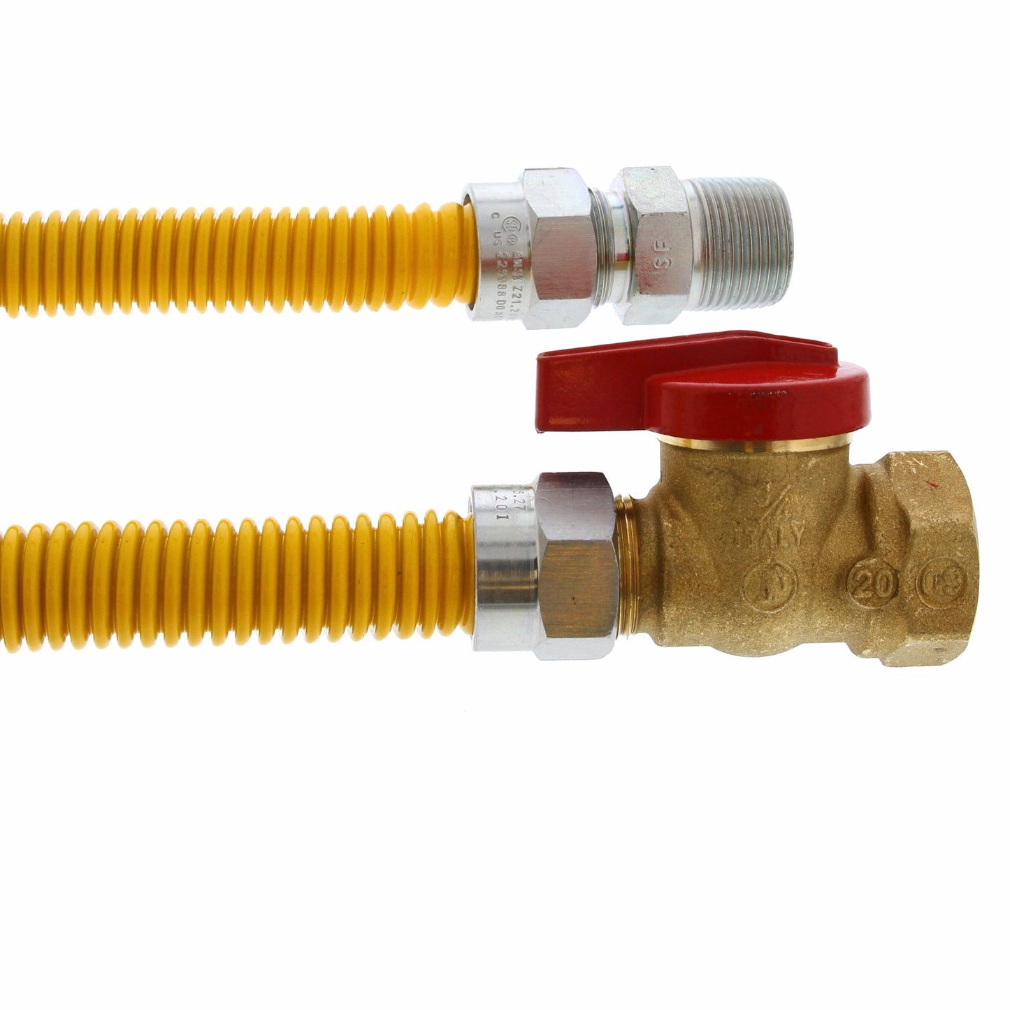 Jones Stephens G71204 5/8" OD (1/2” ID) Gas Connector Assembly, Yellow Coated, 3/4" MIP x 3/4" FIP Ball Valve x 12”