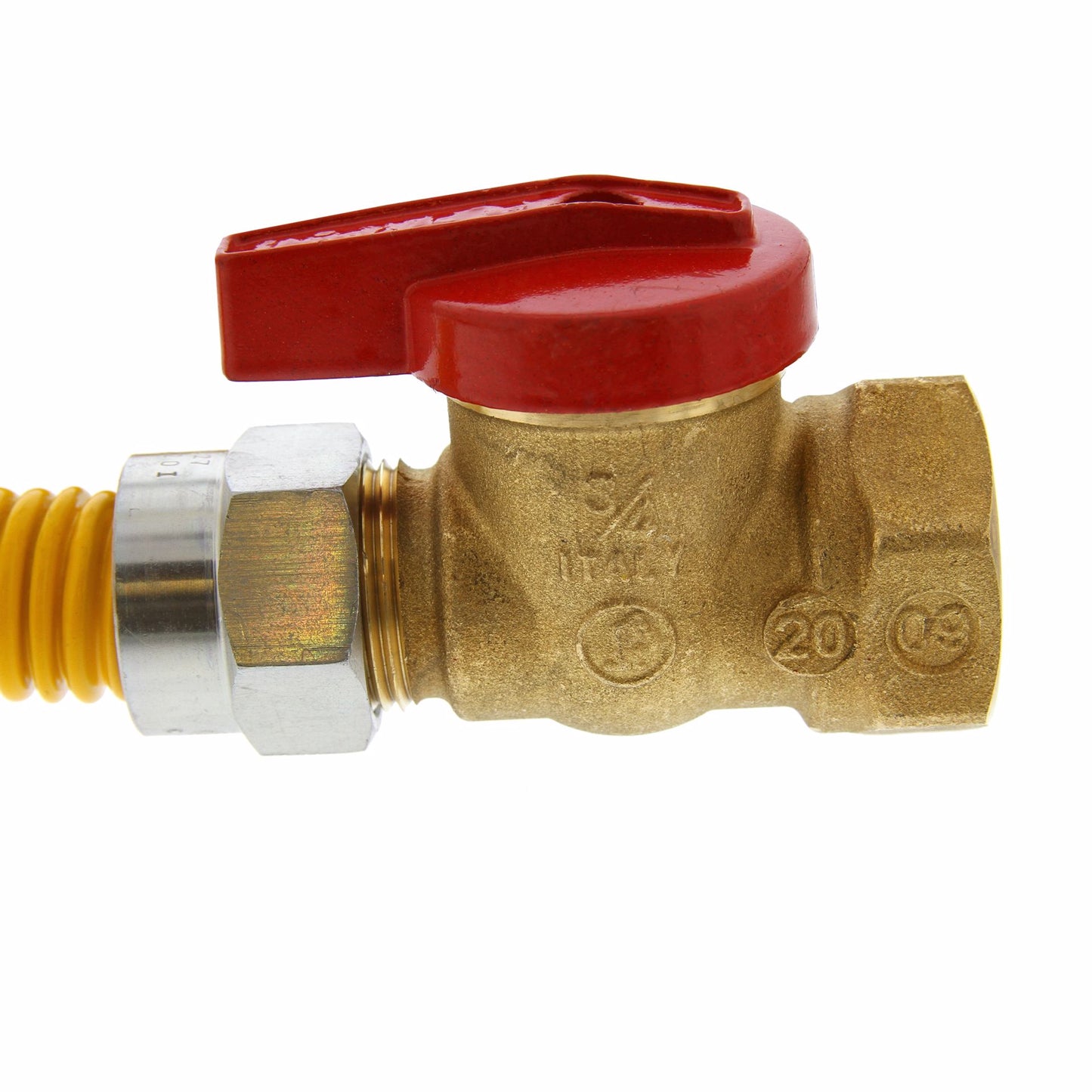 Jones Stephens G71228 5/8" OD (1/2” ID) Gas Connector Assembly, Yellow Coated, 3/4" MIP x 3/4" FIP Ball Valve x 30”