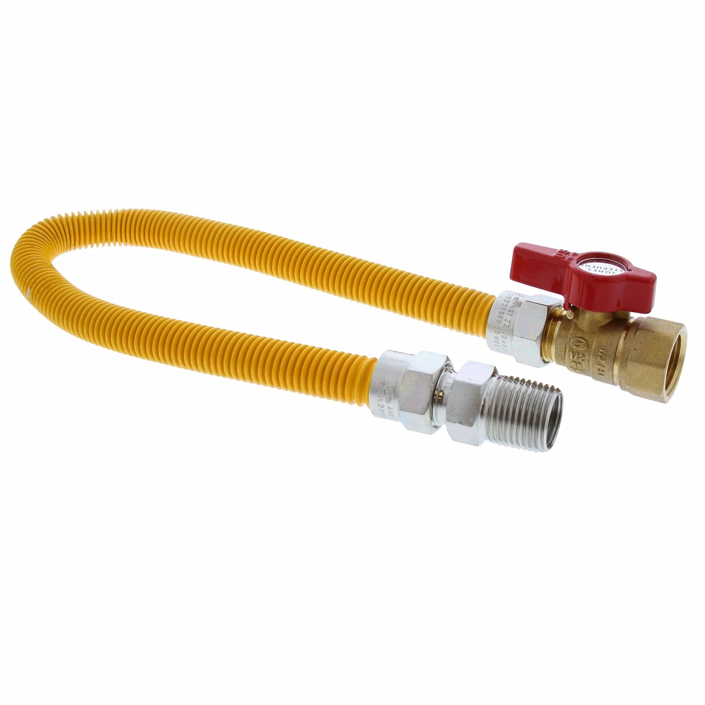 Jones Stephens G72308 1/2" OD (3/8" ID) Gas Connector Assembly, Yellow Coated, 1/2" MIP x 1/2" FIP Ball Valve x 24"