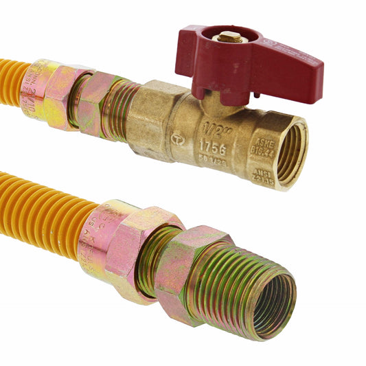 Jones Stephens G72309 1/2" OD (3/8” ID) Gas Connector Assembly, Yellow Coated, 1/2" MIP x 1/2" FIP Ball Valve x 24”