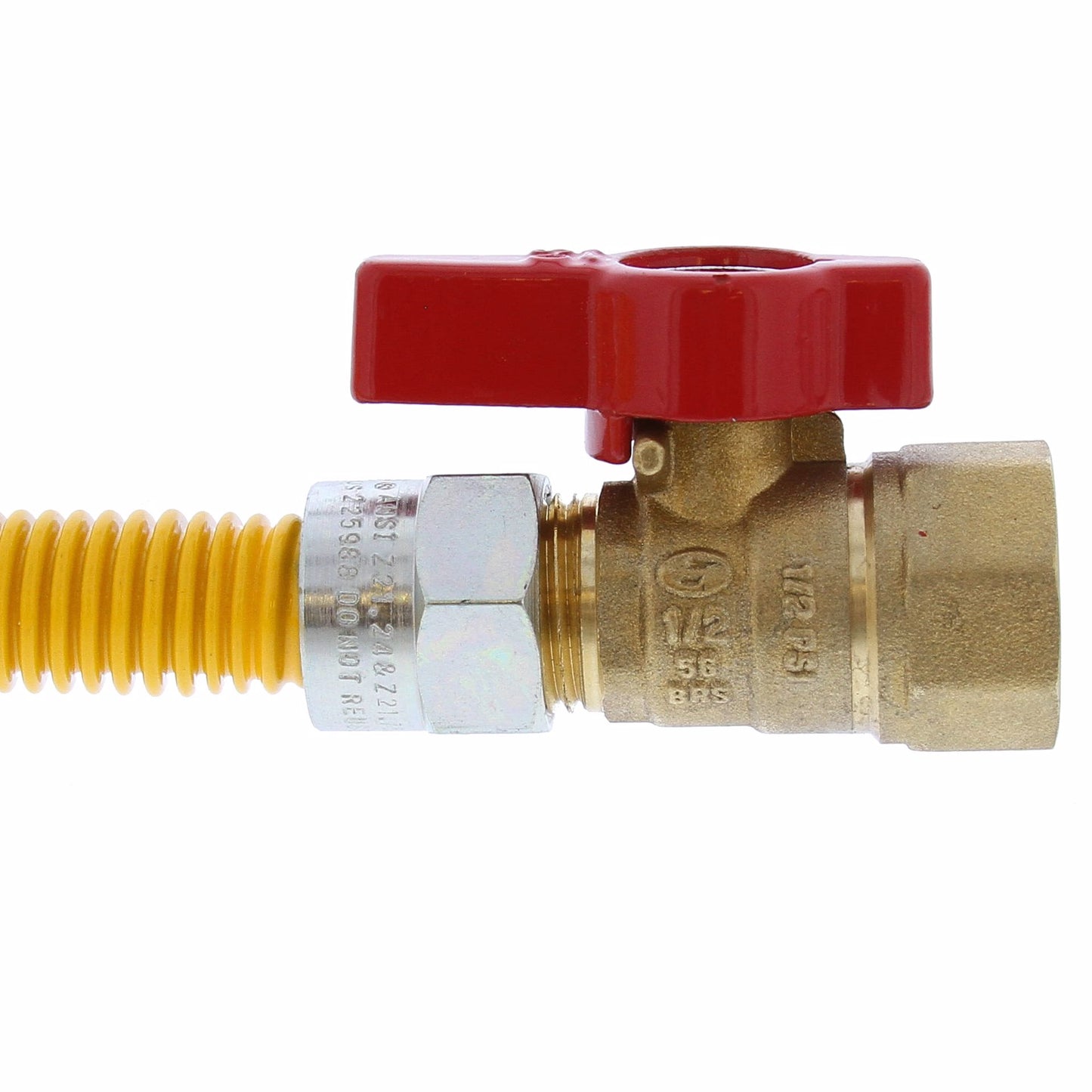 Jones Stephens G72312 1/2" OD (3/8" ID) Gas Connector Assembly, Yellow Coated, 1/2" MIP x 1/2" FIP Ball Valve x 30"