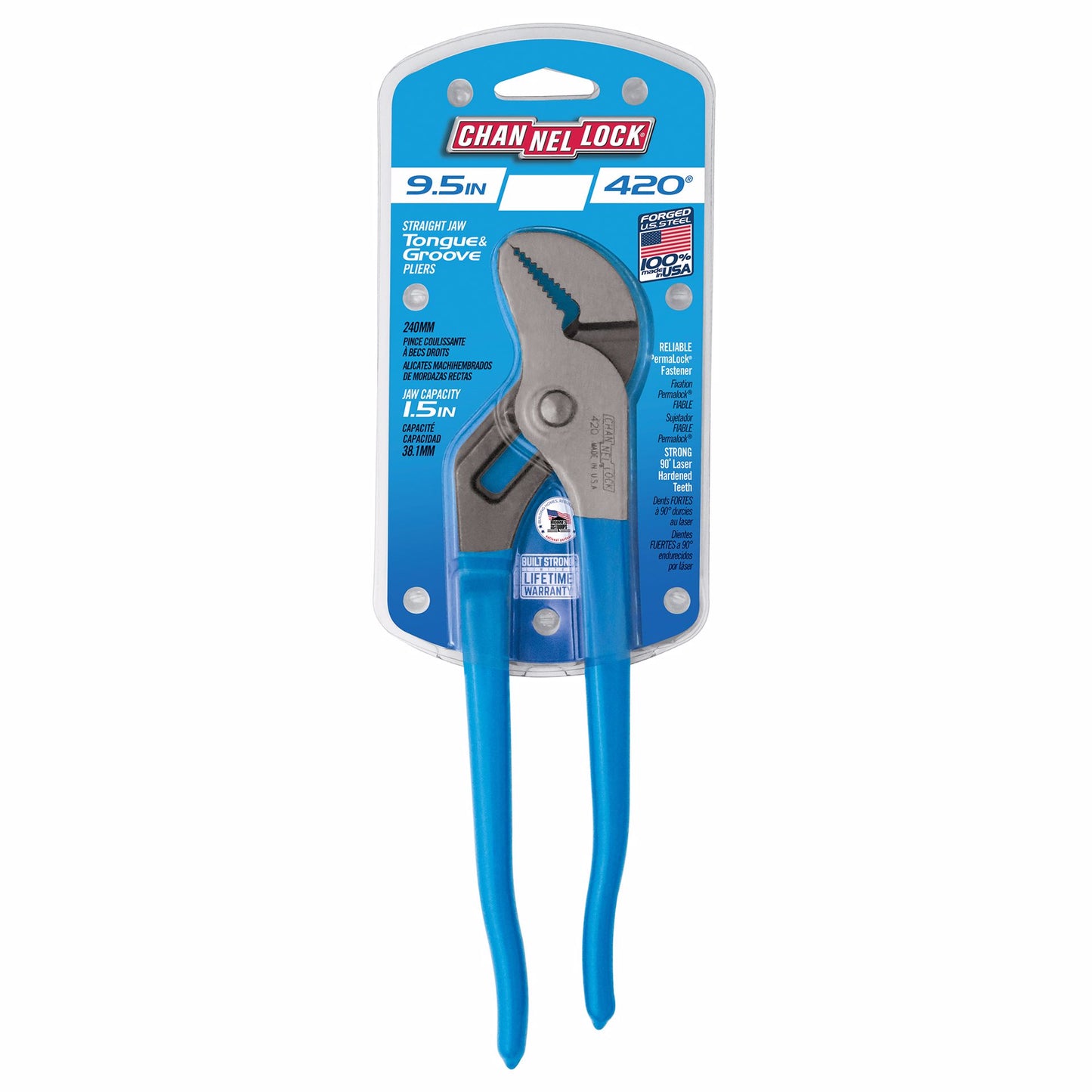 Jones Stephens J40402 9-1/2" Tongue and Groove Pliers, Channel Lock No. 420, 1-1/2" Capacity, # Adj. 5