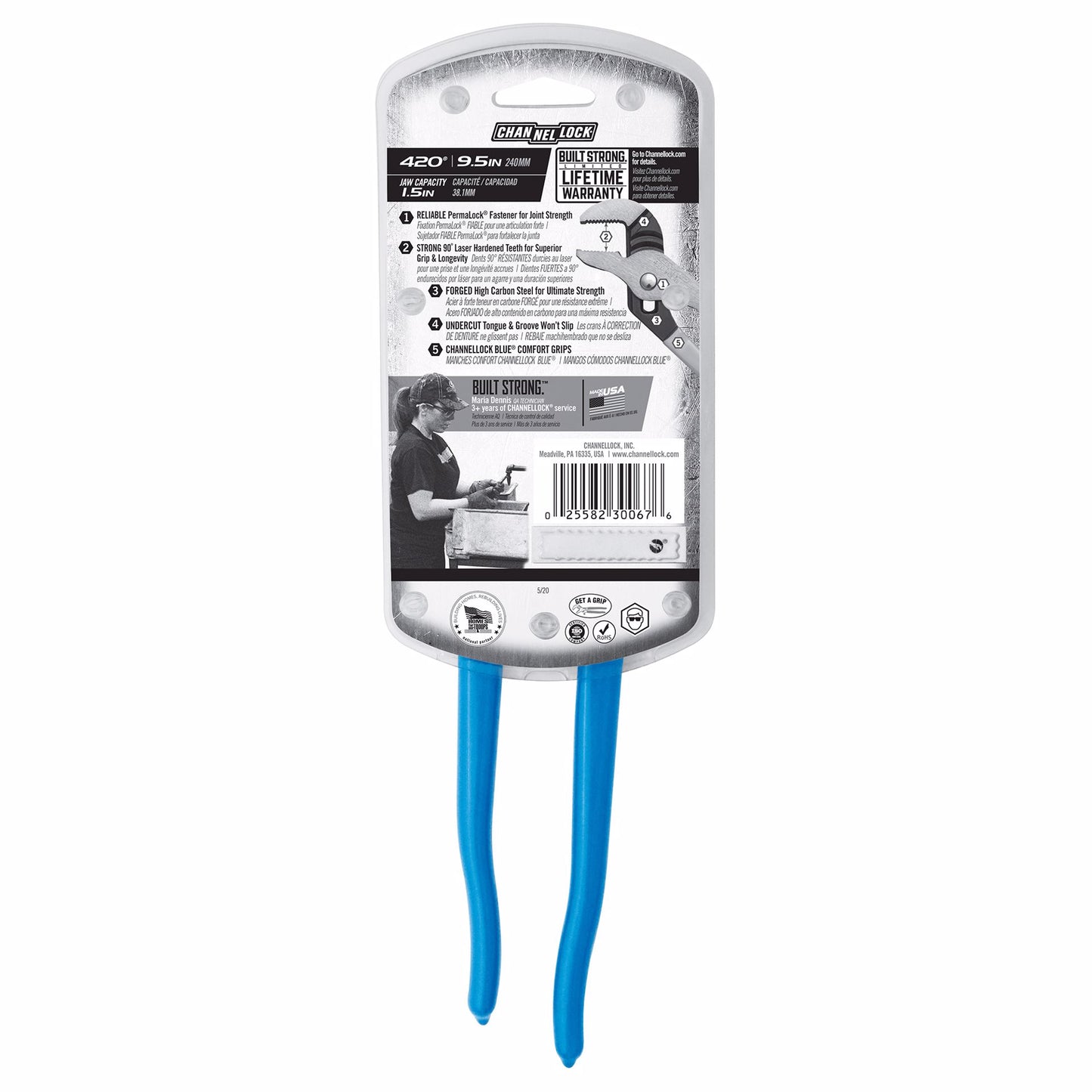 Jones Stephens J40402 9-1/2" Tongue and Groove Pliers, Channel Lock No. 420, 1-1/2" Capacity, # Adj. 5