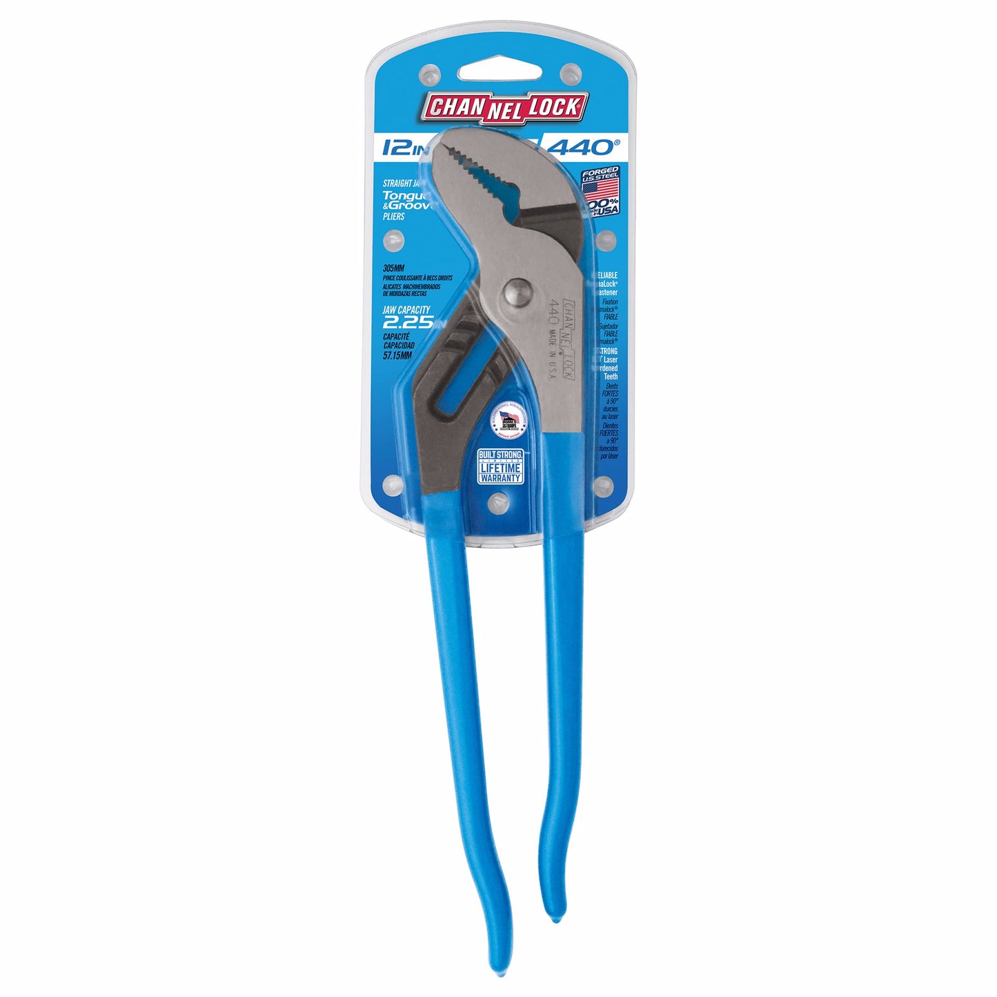 Jones Stephens J40404 12" Tongue and Groove Pliers, Channel Lock No. 440, 2-1/4" Capacity, # Adj. 7
