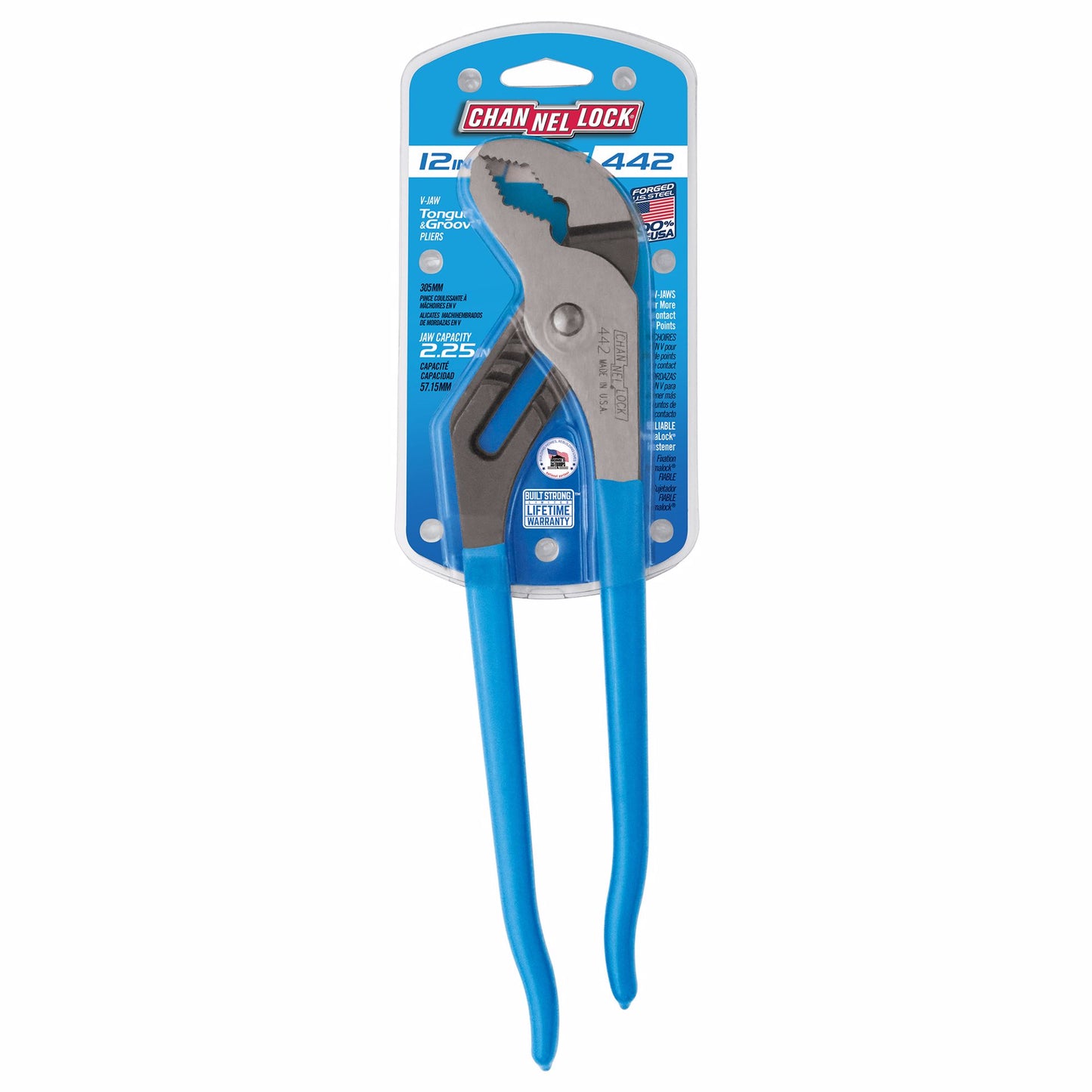 Jones Stephens J40408 12" Curved Jaw Tongue and Groove Pliers, Channel Lock No. 442, 2-1/4" Capacity, # Adj. 7