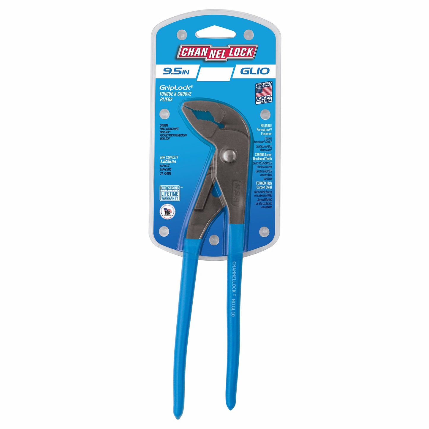 Jones Stephens J40410 9.5" Griplock Tongue and Groove Pump Pliers, Channel Lock No. GL10, 1-1/4" Capacity, # Adj. 5