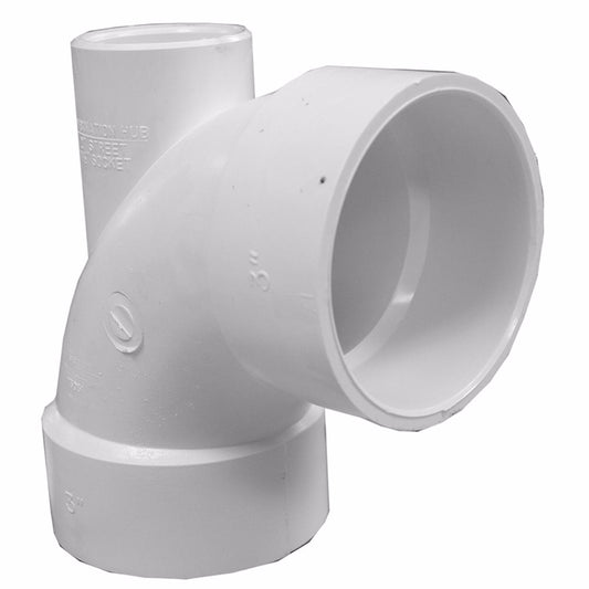 Jones Stephens PFL032 3" x 3" x 2" PVC Tee with Low Heel Inlet 90° Elbow, H x H x H