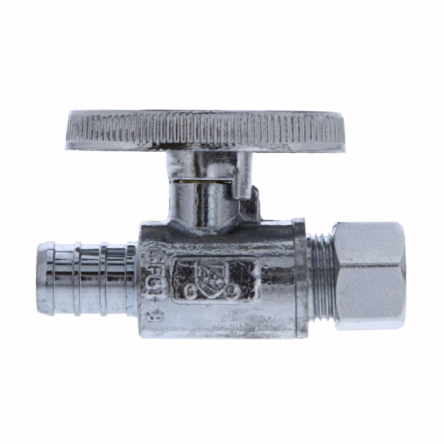 Jones Stephens S10315 1/2" PEX x 3/8" OD Comp Quarter-Turn Straight Supply Stop Valve, Chrome Plated
