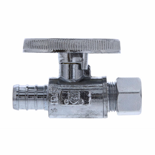 Jones Stephens S10315 1/2" PEX x 3/8" OD Comp Quarter-Turn Straight Supply Stop Valve, Chrome Plated