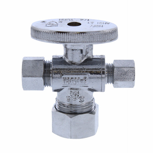 Jones Stephens S10334 5/8" OD Comp x 3/8" OD Comp x 1/4" OD Comp Quarter-Turn Dual Outlet Supply Stop Valve, Chrome Plated