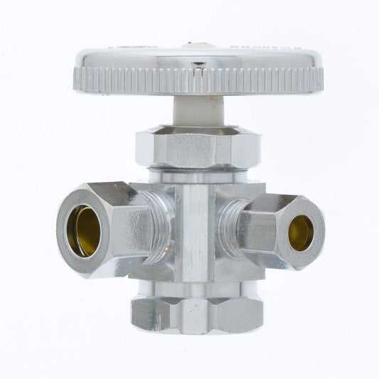 Jones Stephens S10410 1/2" FIP x 3/8" OD Comp x 1/4" OD Comp Dual Outlet Angle Supply Stop Valve, Chrome Plated