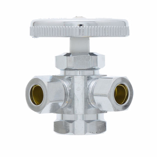 Jones Stephens S10411 1/2" FIP x 3/8" OD Comp x 3/8" OD Comp Dual Outlet Angle Supply Stop Valve, Chrome Plated