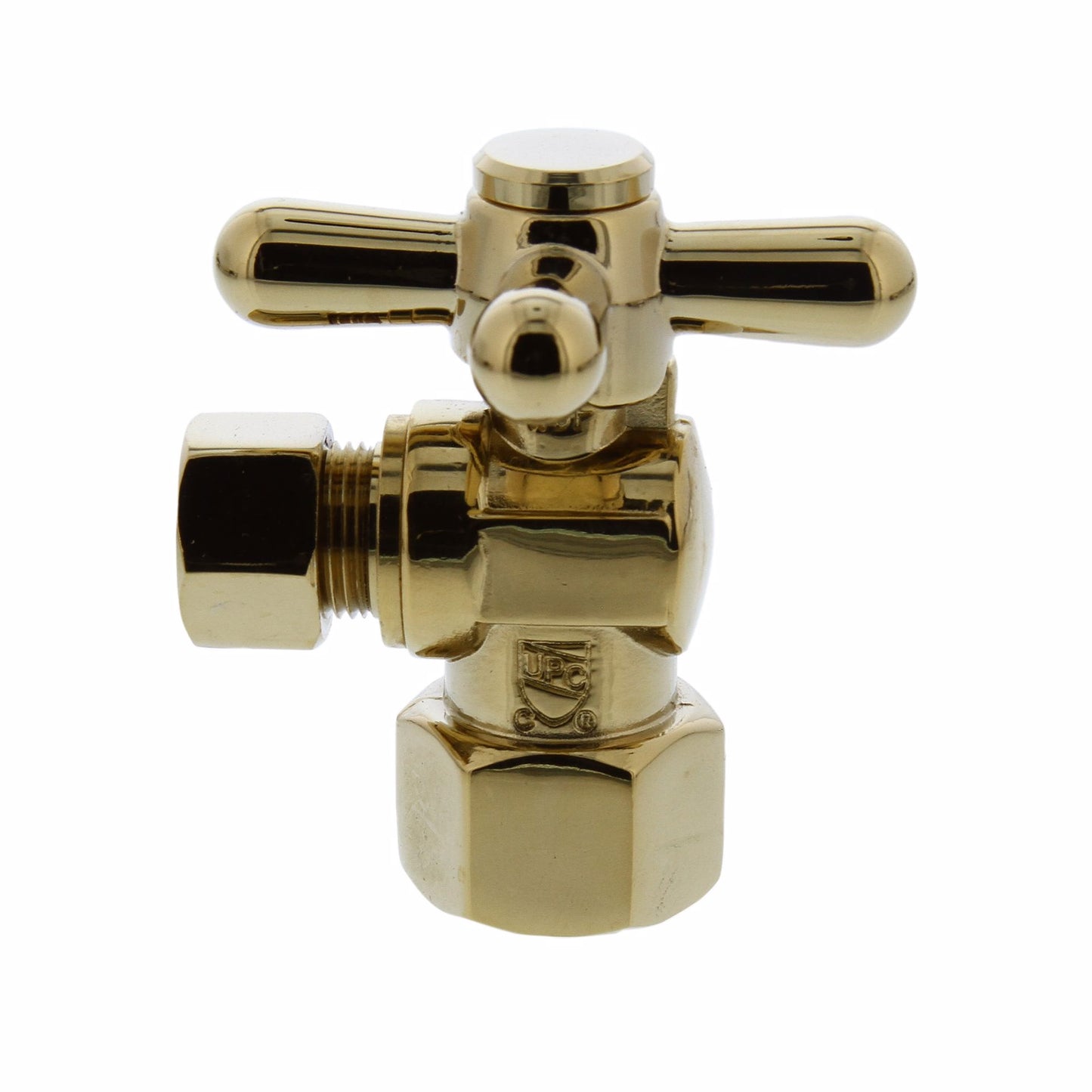 Jones Stephens S4202PB 1/2" FIP x 3/8" OD Comp Quarter-Turn Angle Supply Stop Valve with Cross Handle, Polished Brass