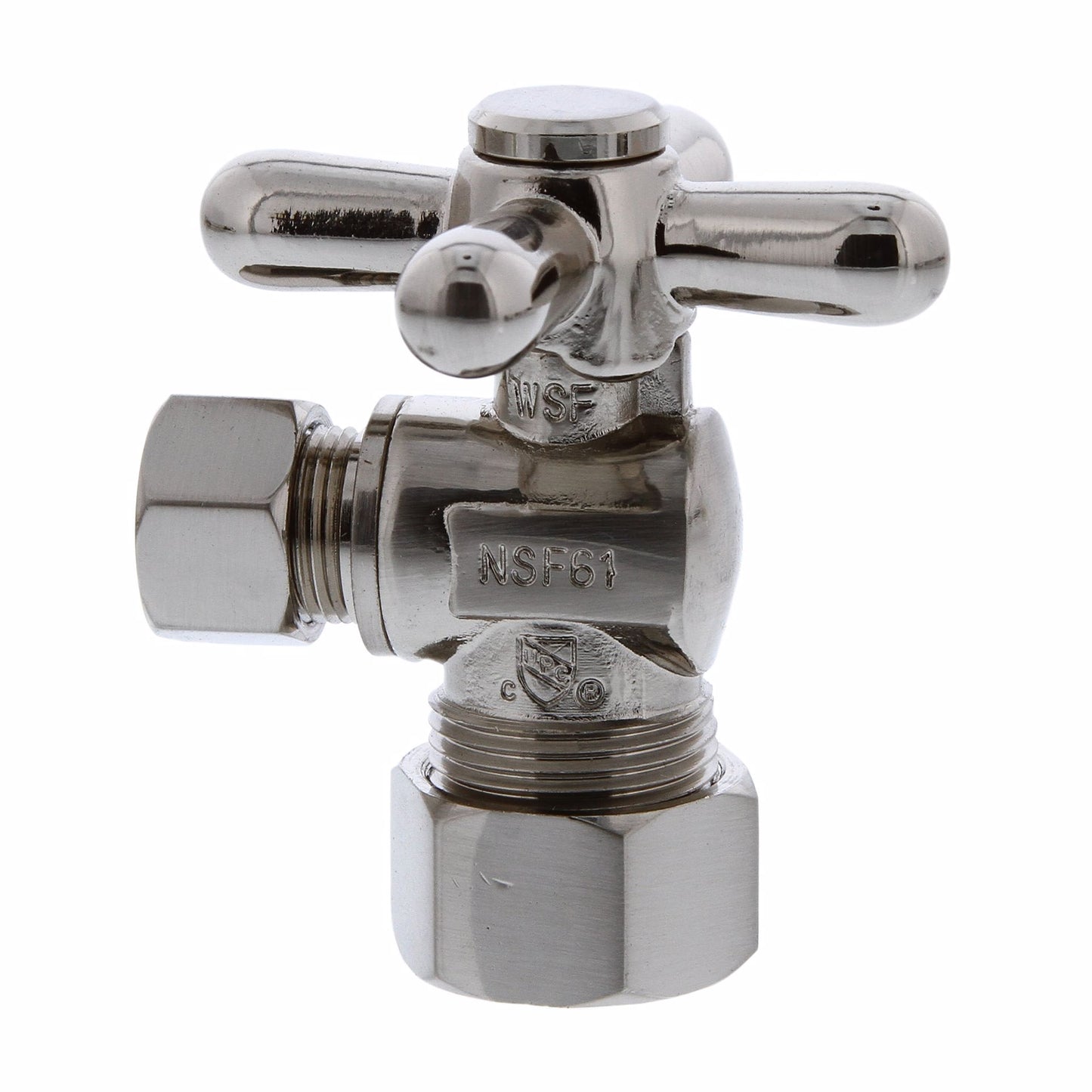 Jones Stephens S4203BN 5/8" OD Comp x 3/8" OD Comp Quarter-Turn Angle Supply Stop Valve with Cross Handle, Brushed Nickel