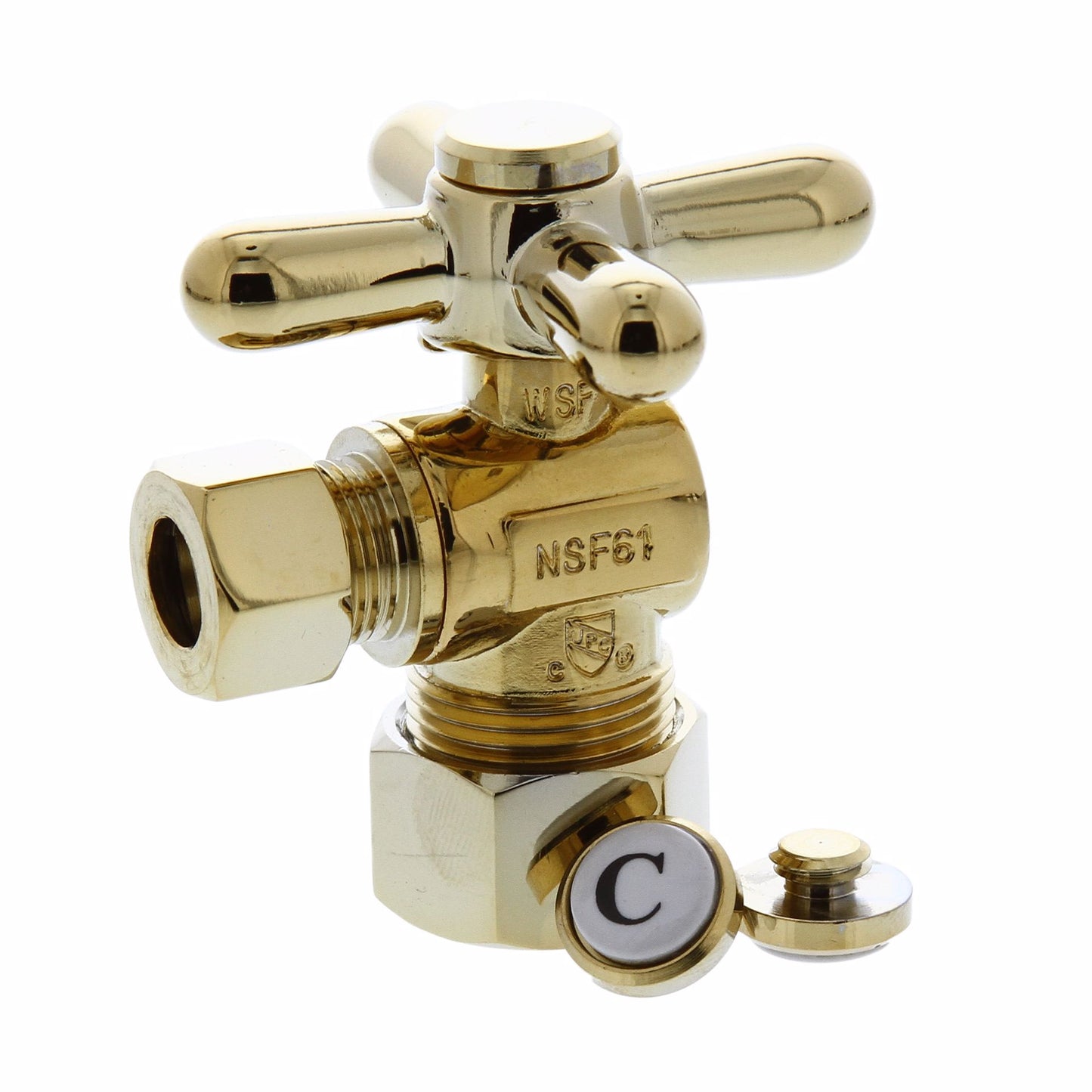Jones Stephens S4203PB 5/8" OD Comp x 3/8" OD Comp Quarter-Turn Angle Supply Stop Valve with Cross Handle, Polished Brass