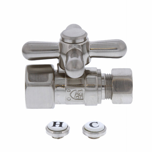 Jones Stephens S4302BN 1/2" FIP x 3/8" OD Comp Quarter-Turn Straight Supply Stop Valve with Cross Handle, Brushed Nickel