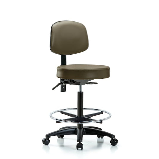 Blue Ridge Ergonomics VHBST-RG-T1-CF-RC-8809 Rutledge Vinyl Stool with Back - High Bench Height with Seat Tilt, Chrome Foot Ring, & Casters in Taupe Supernova™ Vinyl