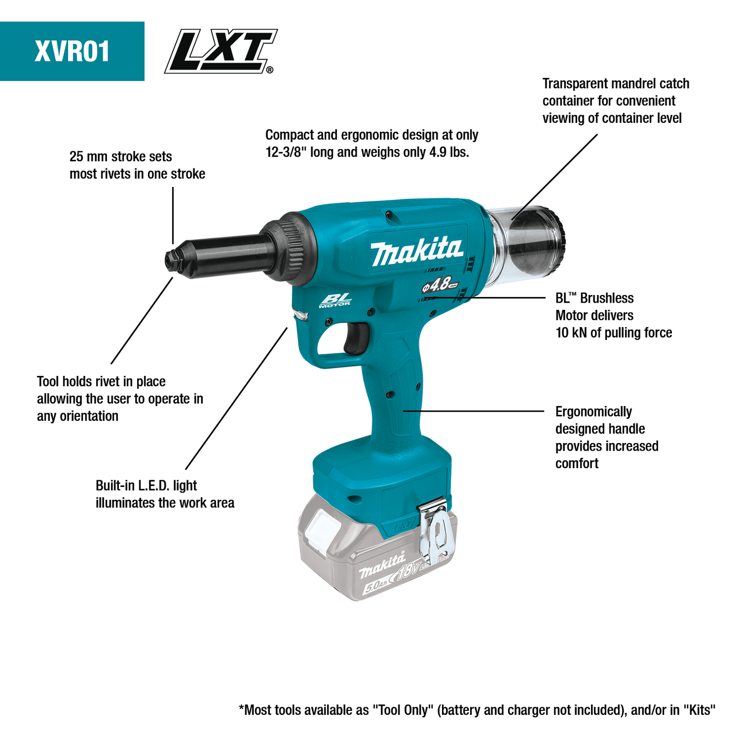 Makita XVR01Z 18V LXT® Lithium‘Ion Brushless Cordless Rivet Tool, Tool Only