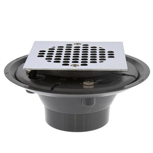 Jones Stephens D50134 2" x 3" PVC Shower Drain with 2" PVC Spud and 4" Square Chrome Plated Cast Strainer