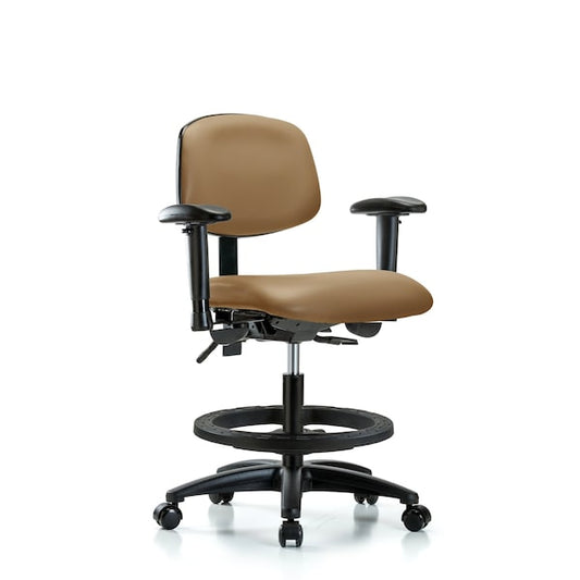 Blue Ridge Ergonomics VMBCH-RG-T1-A1-BF-RC-8584 Rutledge Vinyl Chair - Medium Bench Height with Seat Tilt, Adjustable Arms, Black Foot Ring, & Casters in Taupe Trailblazer™ Vinyl