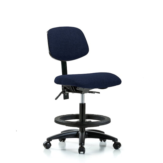 Blue Ridge Ergonomics FMBCH-RG-T1-A0-BF-RC-F45 Rutledge Fabric Chair - Medium Bench Height with Seat Tilt, Black Foot Ring, & Casters in Navy Fabric