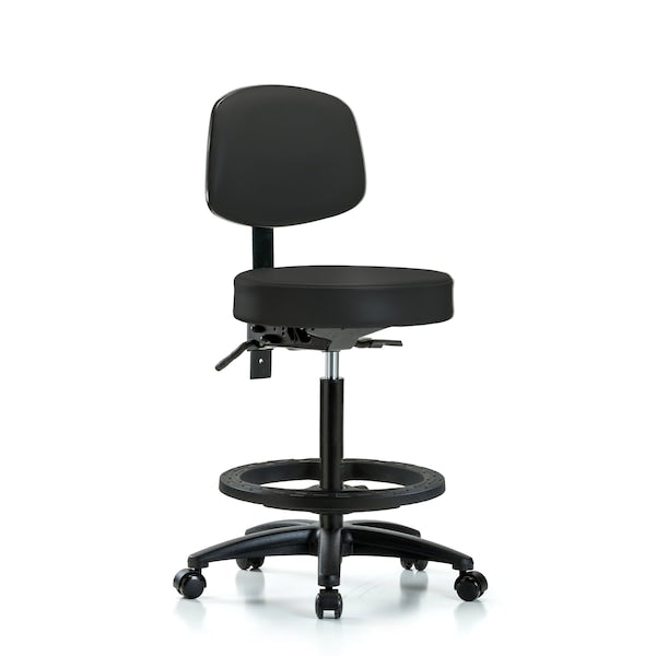Blue Ridge Ergonomics VHBST-RG-T1-BF-RC-8540 Rutledge Vinyl Stool with Back - High Bench Height with Seat Tilt, Black Foot Ring, & Casters in Black Trailblazer™ Vinyl