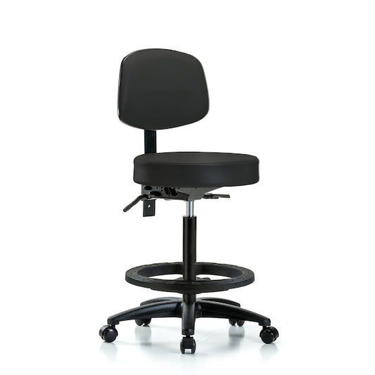 Blue Ridge Ergonomics VHBST-RG-T1-BF-RC-8540 Rutledge Vinyl Stool with Back - High Bench Height with Seat Tilt, Black Foot Ring, & Casters in Black Trailblazer™ Vinyl
