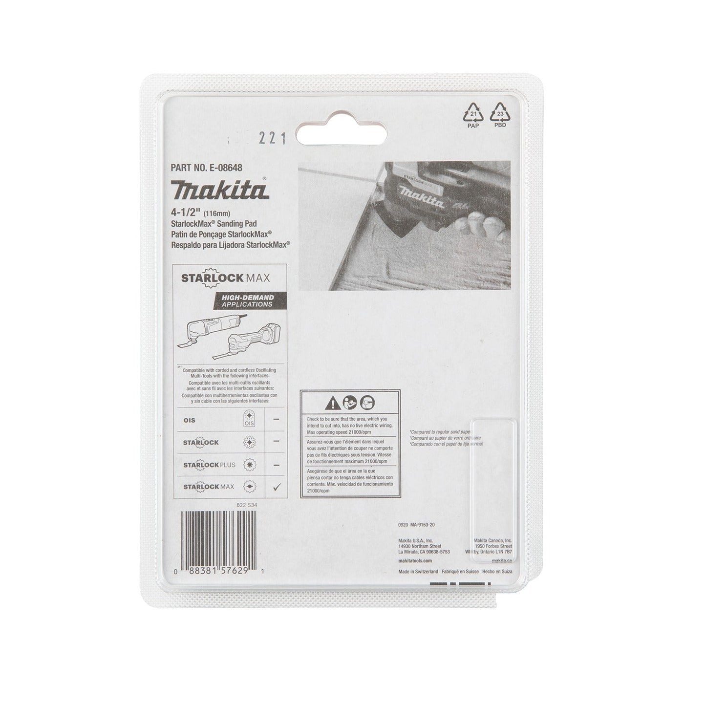 Makita E-08648 StarlockMax® Oscillating Multi‘Tool 4‘1/2" Tungsten Carbide 40 Grit Delta Triangle Sanding Pad