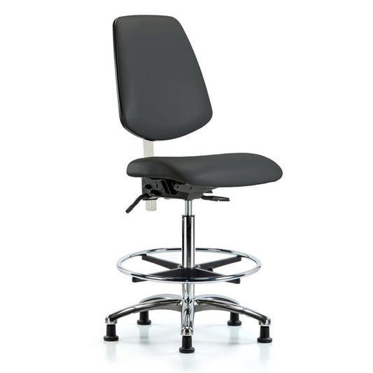 Blue Ridge Ergonomics NCR-VHBCH-MB-CR-T1-A0-CF-RG-8605 Class 100 Vinyl Clean Room Chair - High Bench Height with Medium Back, Seat Tilt, Chrome Foot Ring, & Stationary Glides in Charcoal Trailblazer™ Vinyl