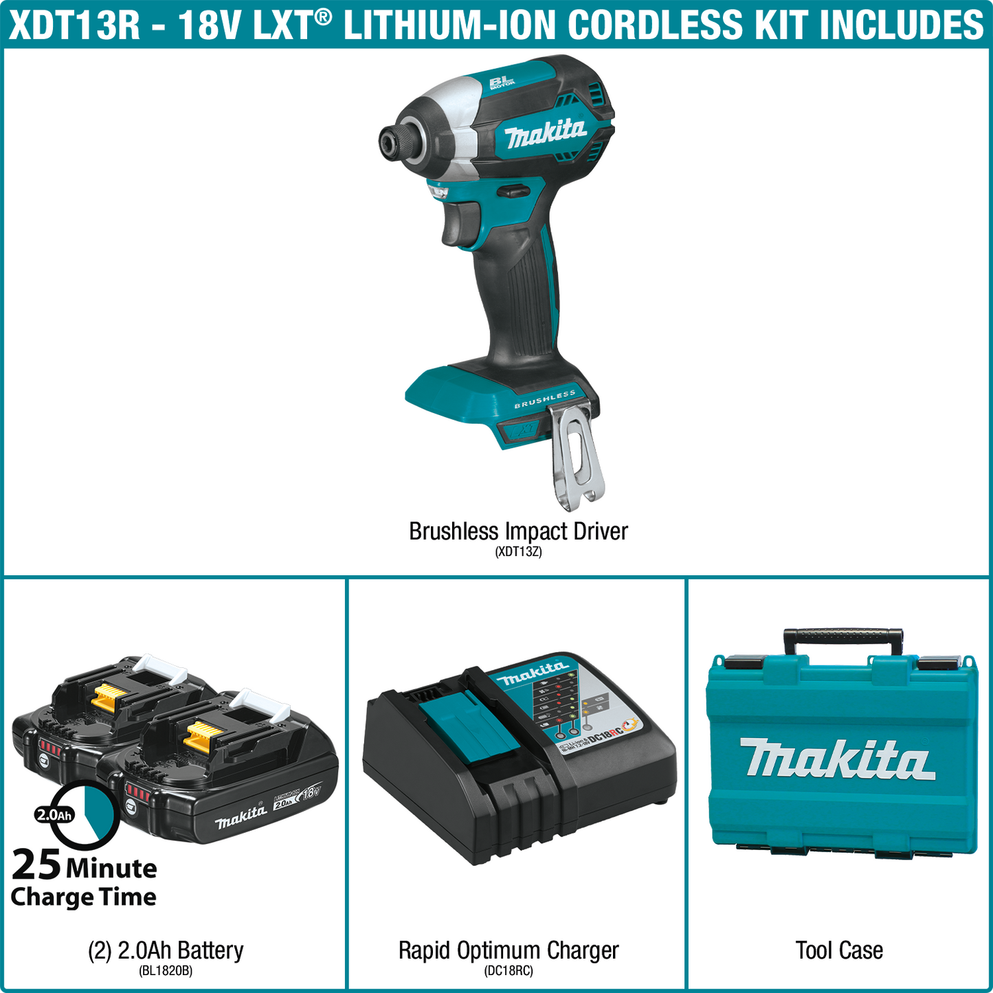 Makita XDT13R 18V LXT® Lithium‘Ion Compact Brushless Cordless Impact Driver Kit (2.0Ah)