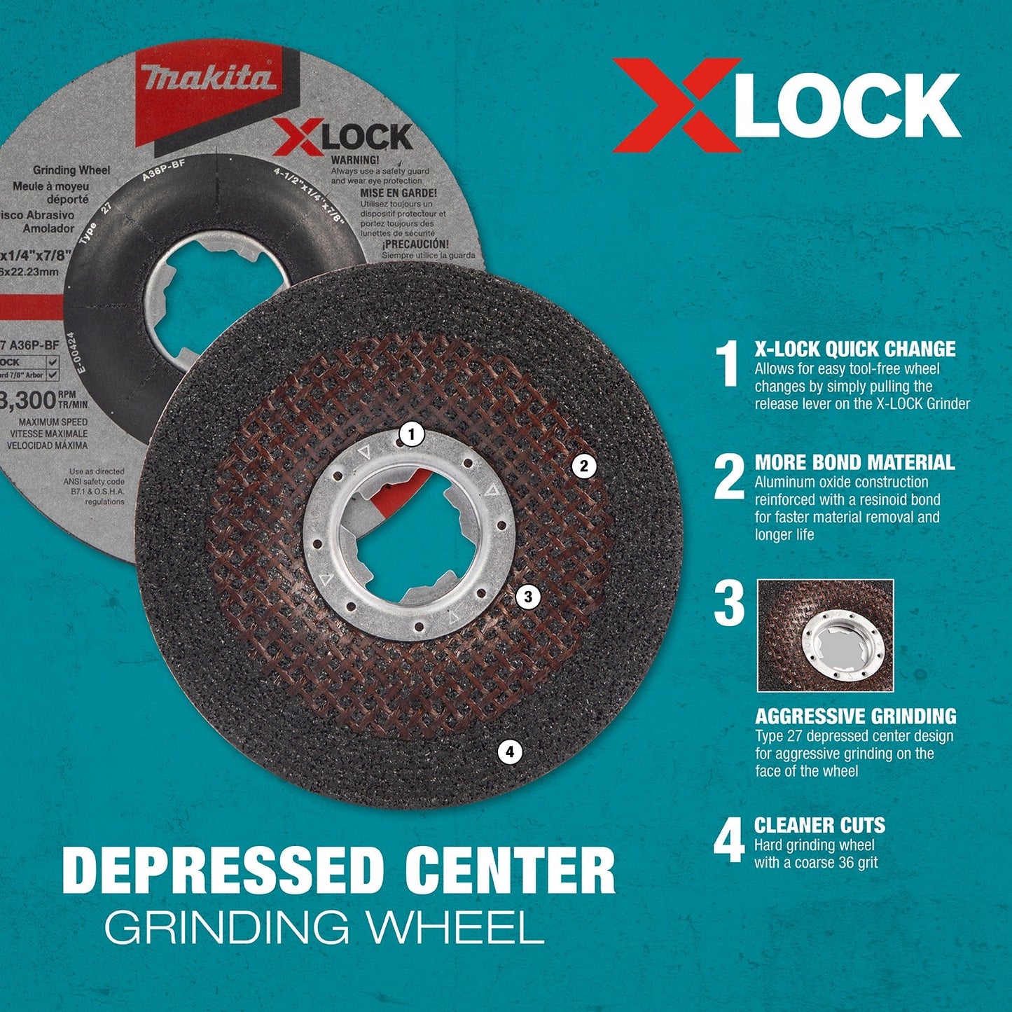 Makita E-00430 X‘LOCK 4‘1/2" x 1/4" x 7/8" Type 27 General Purpose 36 Grit Abrasive Grinding Wheel for Metal & Stainless Steel Grinding