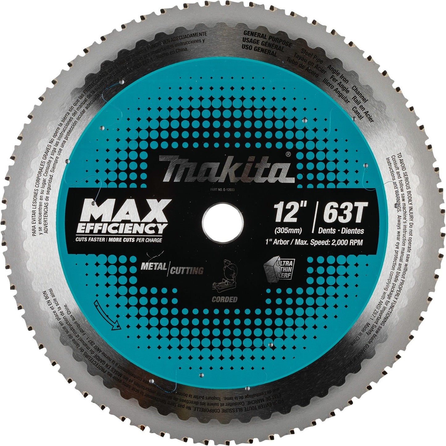 Makita E-12033 12" 63T Carbide‘Tipped Max Efficiency Saw Blade, Metal/General Purpose