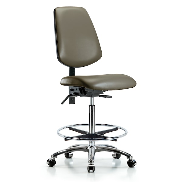 Blue Ridge Ergonomics VHBCH-MB-CR-T1-A0-CF-CC-8809 Rutledge Vinyl Chair Chrome - High Bench Height with Medium Back, Seat Tilt, Chrome Foot Ring, & Casters in Taupe Supernova™ Vinyl