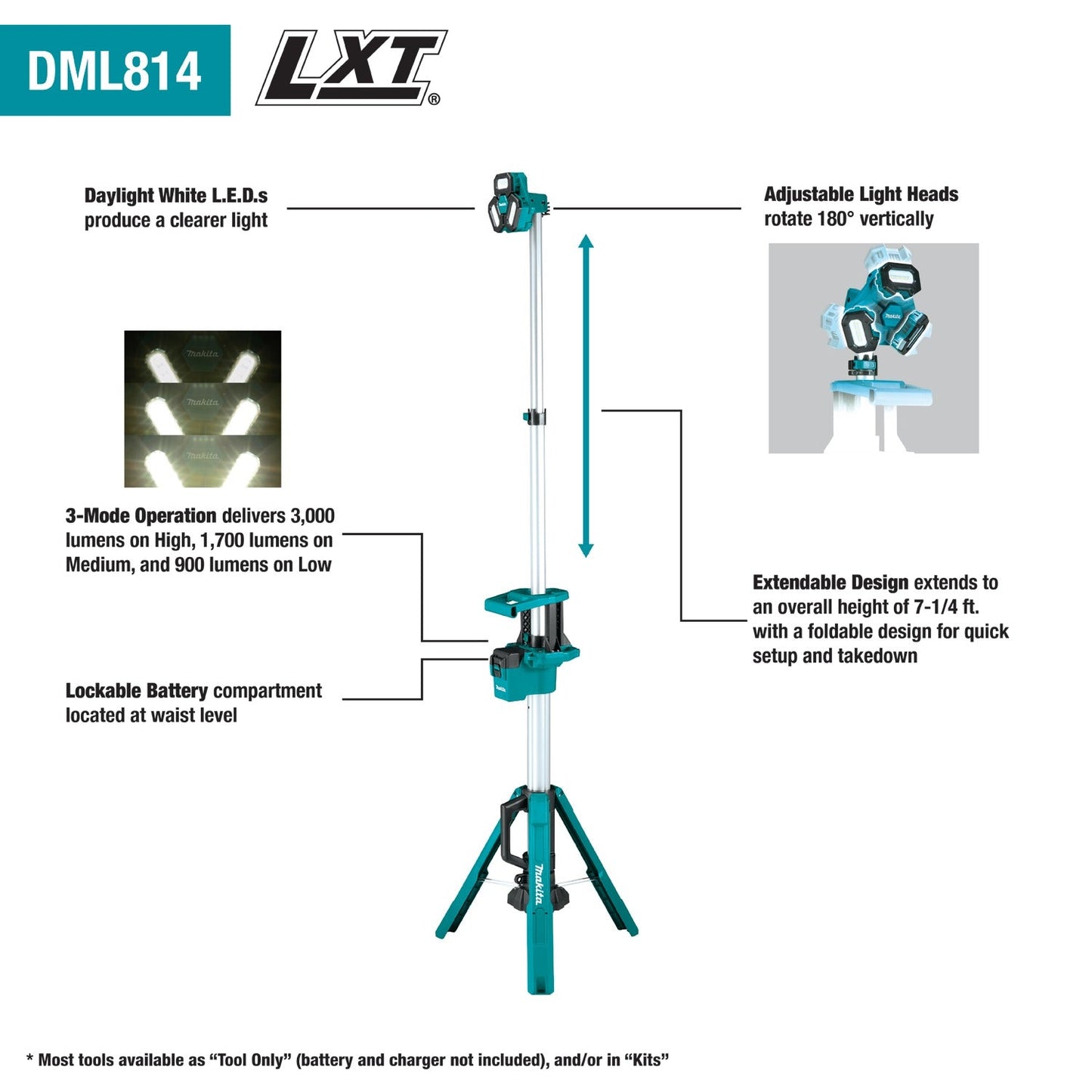 Makita DML814 18V LXT® Lithium‘Ion Cordless Tower Work/Multi‘Directional Light, Light Only