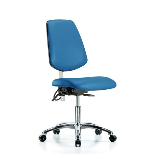 Blue Ridge Ergonomics NECR-VDHCH-MB-CR-T0-A0-EC-ESDBLU Class 100 Vinyl Clean Room/ESD Chair - Desk Height with Medium Back & ESD Casters in Blue ESD Vinyl