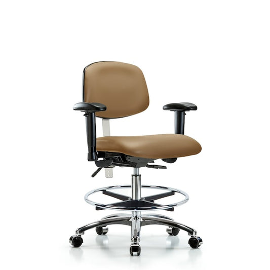 Blue Ridge Ergonomics NCR-VMBCH-CR-T1-A1-CF-CC-8584 Class 100 Vinyl Clean Room Chair - Medium Bench Height with Seat Tilt, Adjustable Arms, Chrome Foot Ring, & Casters in Taupe Trailblazer™ Vinyl