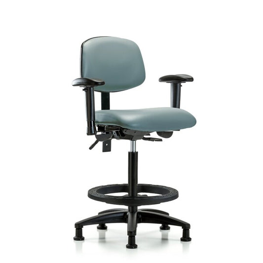 Blue Ridge Ergonomics VHBCH-RG-T1-A1-BF-RG-8822 Rutledge Vinyl Chair - High Bench Height with Seat Tilt, Adjustable Arms, Black Foot Ring, & Stationary Glides in Storm Supernova™ Vinyl